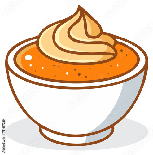 Cozy cartoon dessert bowl with pumpkin orange puree and whipped cream swirl