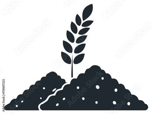 Monochrome illustration of wheat growing from a pile of dirt or soil