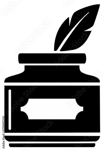 Vintage inkwell with feather quill symbol for writing and history