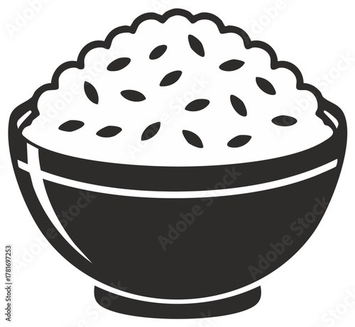 Simple vector illustration of a bowl filled with steamed rice, a popular Asian food staple icon.