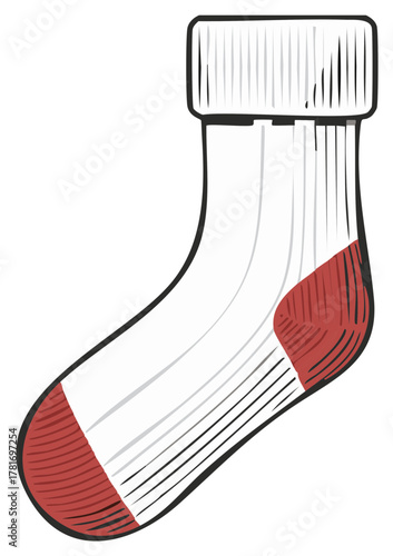 Illustration of a white sock with red toe and heel details, isolated on white.