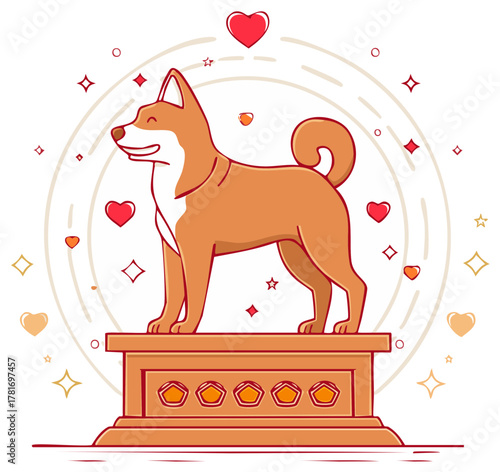 Shiba Inu Dog Standing on a Podium Adorned with Hearts and Stars