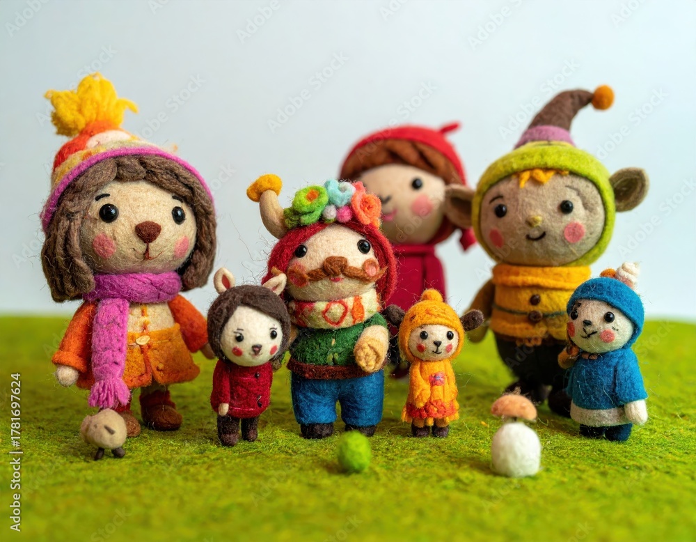 Fototapeta premium Wool felt figures family winter scene