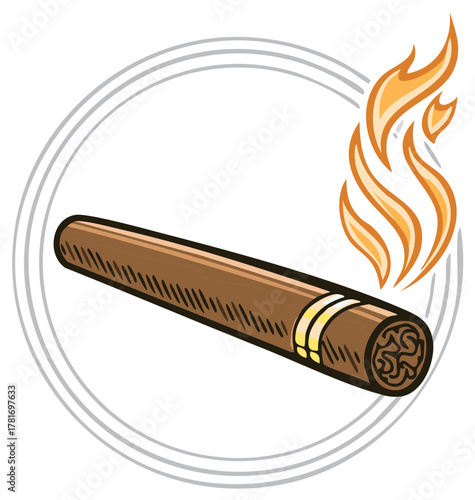Illuminated Cigar with Glowing Flames in Circular Frame Illustration