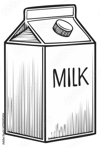 Black and white illustration of milk carton. Food and beverage graphic element.