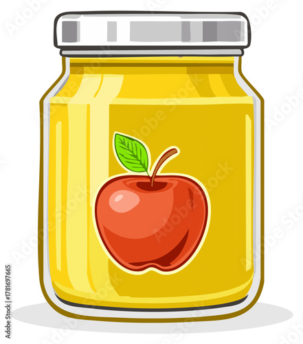 Glass jar of apple sauce or fruit puree with a red apple label vector illustration