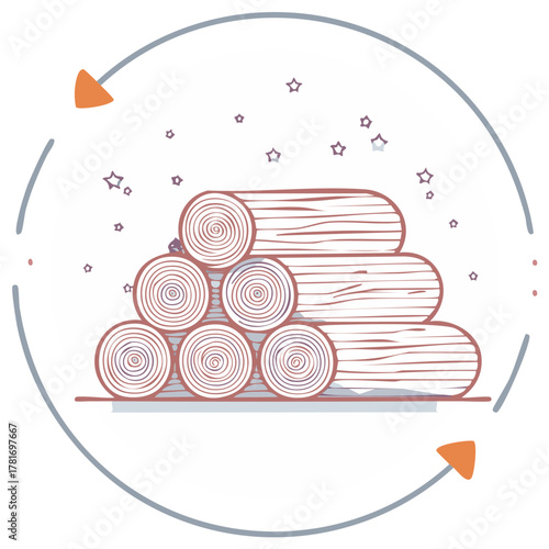 Wood logs stacked within a cyclical arrow graphic representing renewable energy and natural resource cycle