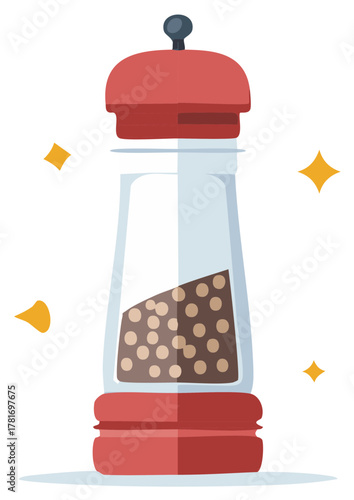 Glass Pepper Grinder with Brown Peppercorns and a Red Lid for Food Seasoning