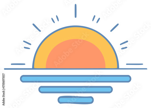 Stylized Sunrise or Sunset over Ocean with Rays of Light in Cartoon Vector Graphic Design