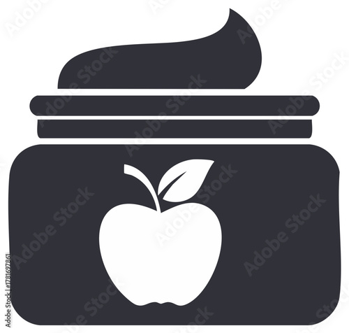 Apple jam jar illustration, vector black and white design on a white background.