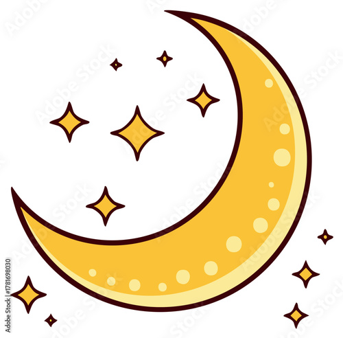Golden Crescent Moon with Sparkling Stars