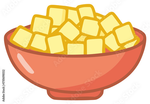 Bowl of Diced Mango or Tofu Pieces in Red Bowl Still Life Food Illustration