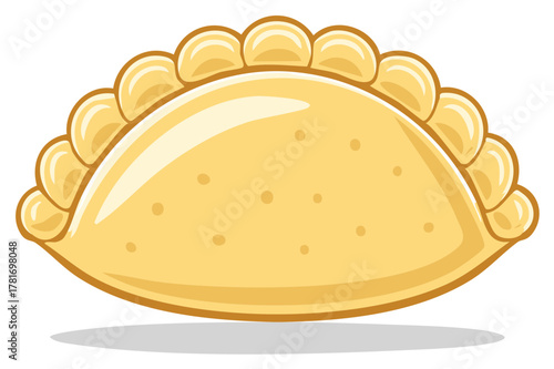 Golden empanada pastry with decorative crimped edges isolated on white background.
