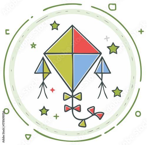 Hand drawn kite with bow and star details for festive celebrations and outdoor fun in creative whimsical style.