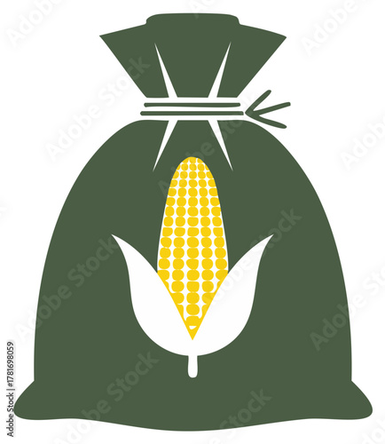 Green burlap sack overflowing with a yellow corn cob and leaves