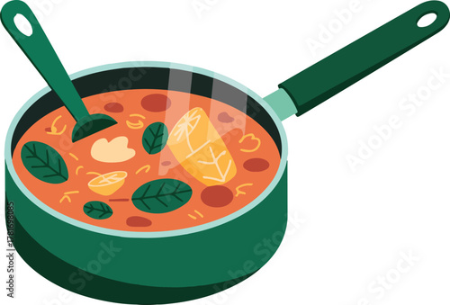 Cooking a hot pot of vegetable soup with fresh ingredients for a homemade meal isolated flat vector illustration