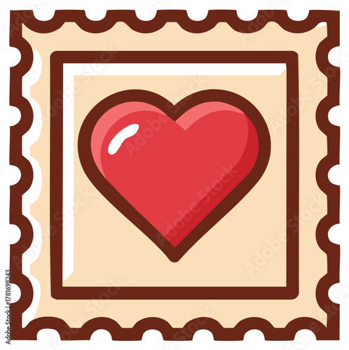 Heart postage stamp illustration with perforated edges and red heart icon