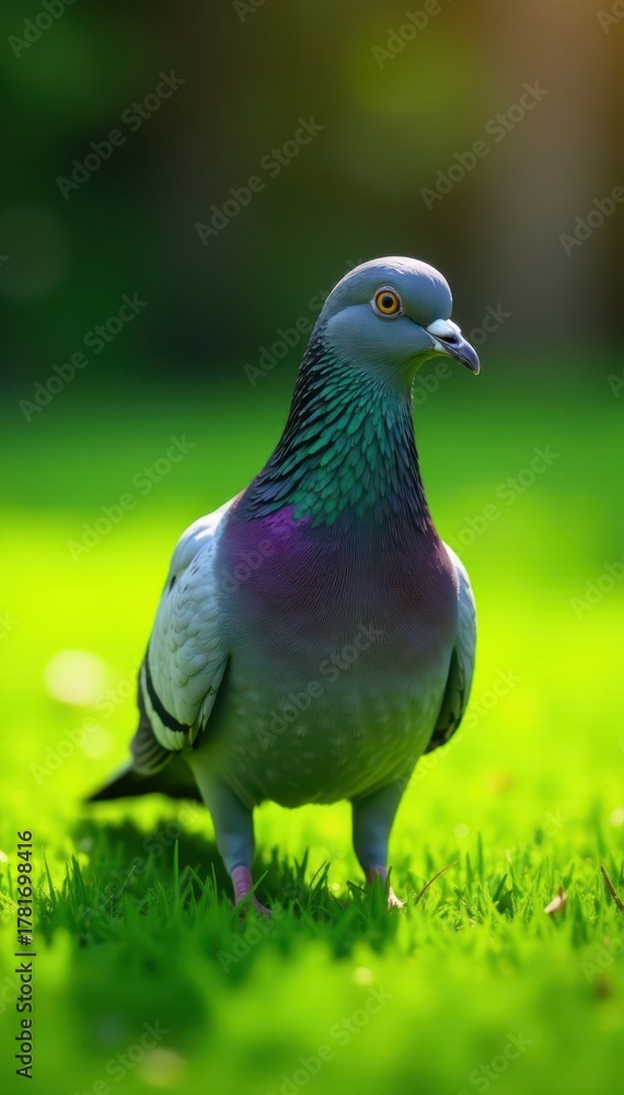 Fototapeta premium Close-up of a city pigeon on lush green lawn Bright sunlight highlights feathers , city pigeon, garden