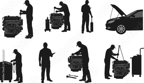Mechanic silhouette, engine repair, car maintenance, diagnostic tools, auto service, garage scene, tool chest, hoist lift