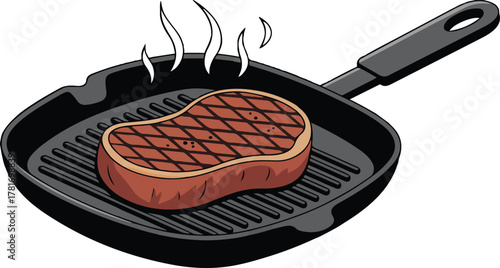 Hot beef steak cooking on a black grill pan with steam for a gourmet meal isolated cartoon vector illustration