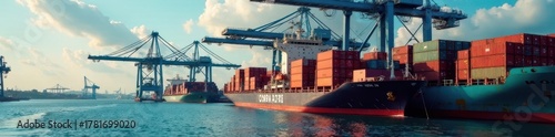Global trade logistics, shipping containers at port, export, ocean freight, port