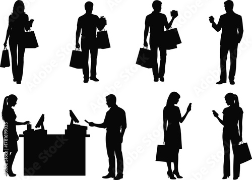 Retail shoppers silhouette, shopping bags, mobile phone, checkout counter, gift box, customer service, ecommerce, black vector