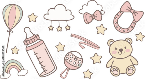 Baby shower clip art collection with cute baby bottles, rattles, bibs, clouds, stars, and teddy bears, soft pastel colors, flat vector style