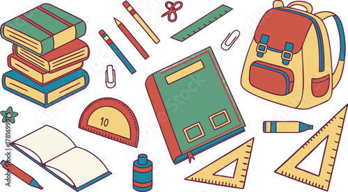 Back to school clip art set featuring books, pencils, rulers, crayons, backpacks, and chalkboards, colorful vector design on transparent background