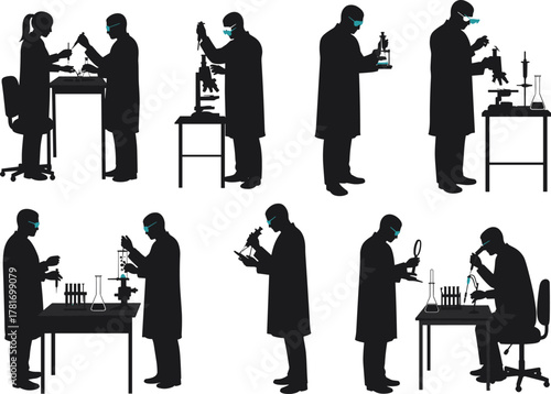 Scientists silhouette, laboratory workers, microscope research, test tube handling, science lab, chemistry experiment, medical analysis, biotech team