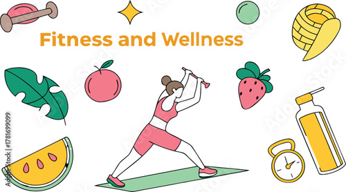 Fitness and wellness clip art pack with yoga poses, dumbbells, water bottles and fruits