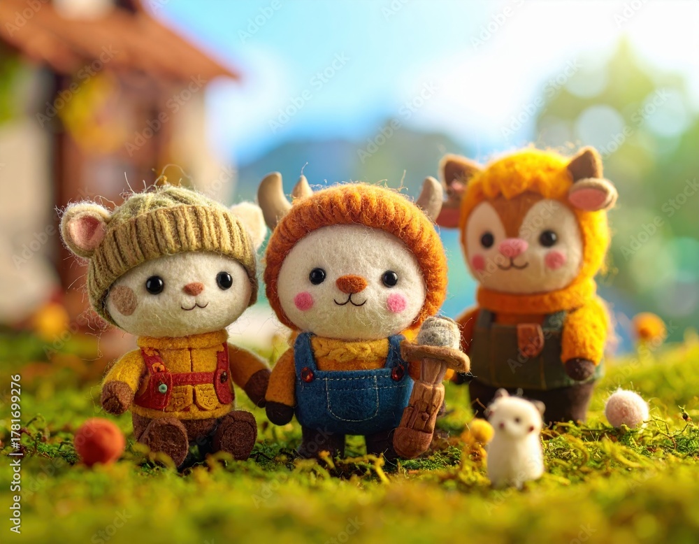 Fototapeta premium Cute animal figures in grassy landscape
