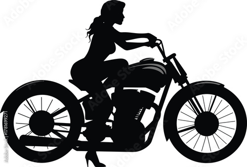 Motorcycle silhouette, woman rider, cruiser bike, high heels, long hair, black and white, bold pose, stylish ride