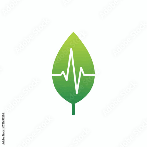 Green leaf with a heartbeat line, symbolizing health, nature, and well-being in a clean, modern design