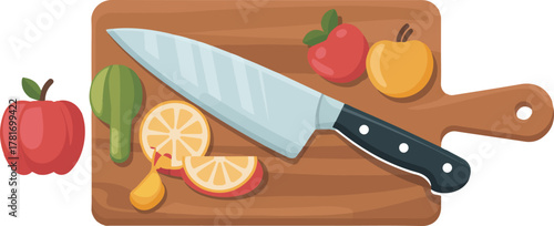 Kitchen knife and cutting board with fresh sliced fruits for healthy food preparation vector illustration