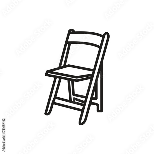 A black line drawing depicts a wooden folding chair, The chair is angled towards the right