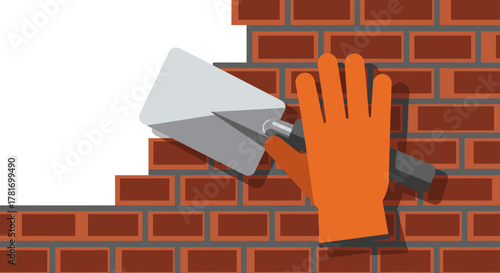 A gloved hand expertly applies fresh mortar with a trowel to a partially constructed brick wall, symbolizing building, repair, and craftsmanship.