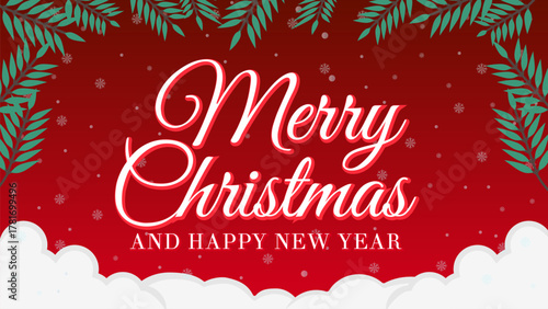 A Merry Christmas Greeting Template in red color background with Pine Tree Branches, Snowfall decorations.