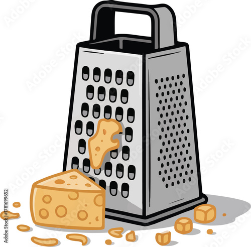 Metal cheese grater grating a block of cheese for cooking preparation isolated on transparent background hand drawn sketch vector illustration