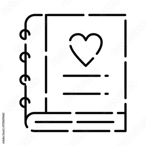 A black and white lineart illustration depicts an open notebook with a heart symbol and lined pages Spiral binding is visible on the left side