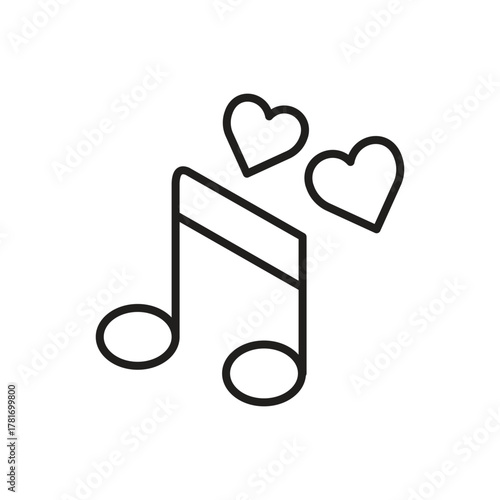 A black outline musical note with two attached ovals and a horizontal rectangular bar and two heart shapes