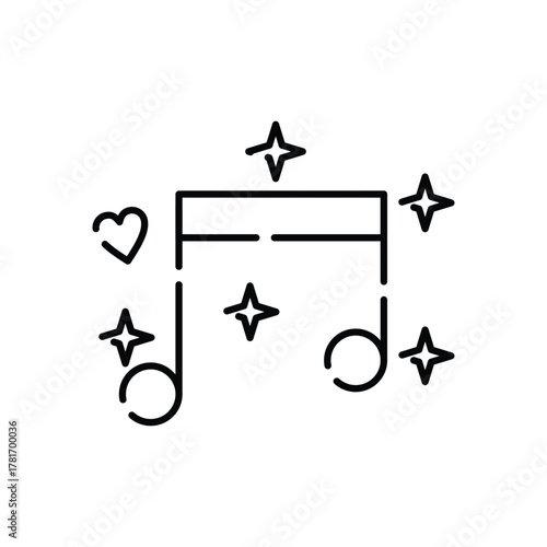 A blacklined musical note with sparkle shapes and a heart