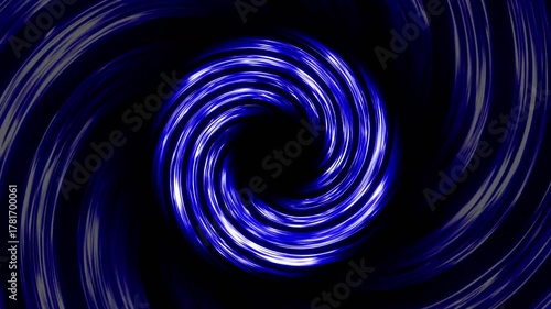 Seamlessly looping abstract vortex of glowing neon blue light swirling on black background
