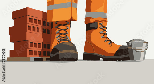 A construction worker, wearing safety boots and reflective gear, with bricks and a concrete bucket, symbolizes the diligent building industry.