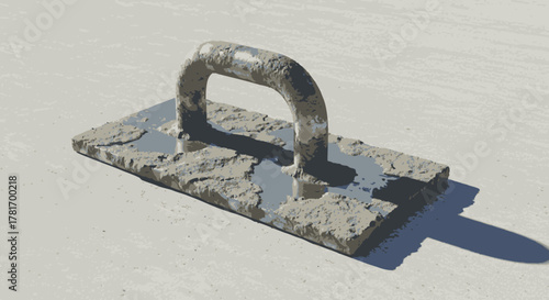 A well-used concrete float covered in wet mortar rests on a light construction surface, ready for masonry work or finishing tasks.