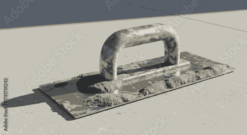 A weathered, mud-splattered concrete float, an essential construction tool, rests on a light grey surface, casting a distinct shadow, symbolizing diligent construction.