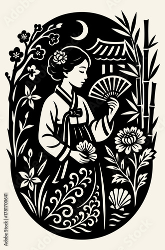 Elegant Kimono Lady With Folding Fan In Floral Oval Woodcut Black And White Vector