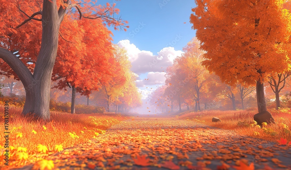 Naklejka premium An autumn forest with beautiful trees displaying vibrant orange leaves and a path winding through the woods leading to a landscape under a blue sky.