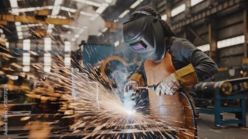 Welder at work in a factory, creating sparks and welding metal.