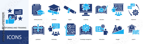 MENTORING AND TRAINING icon collection set. Containing Certificate, degree, e learning, education, training, implement icon