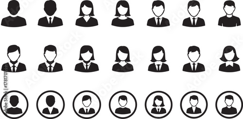 Minimalist Black Silhouette People Icons in Rows - Flat Design User Profile Set